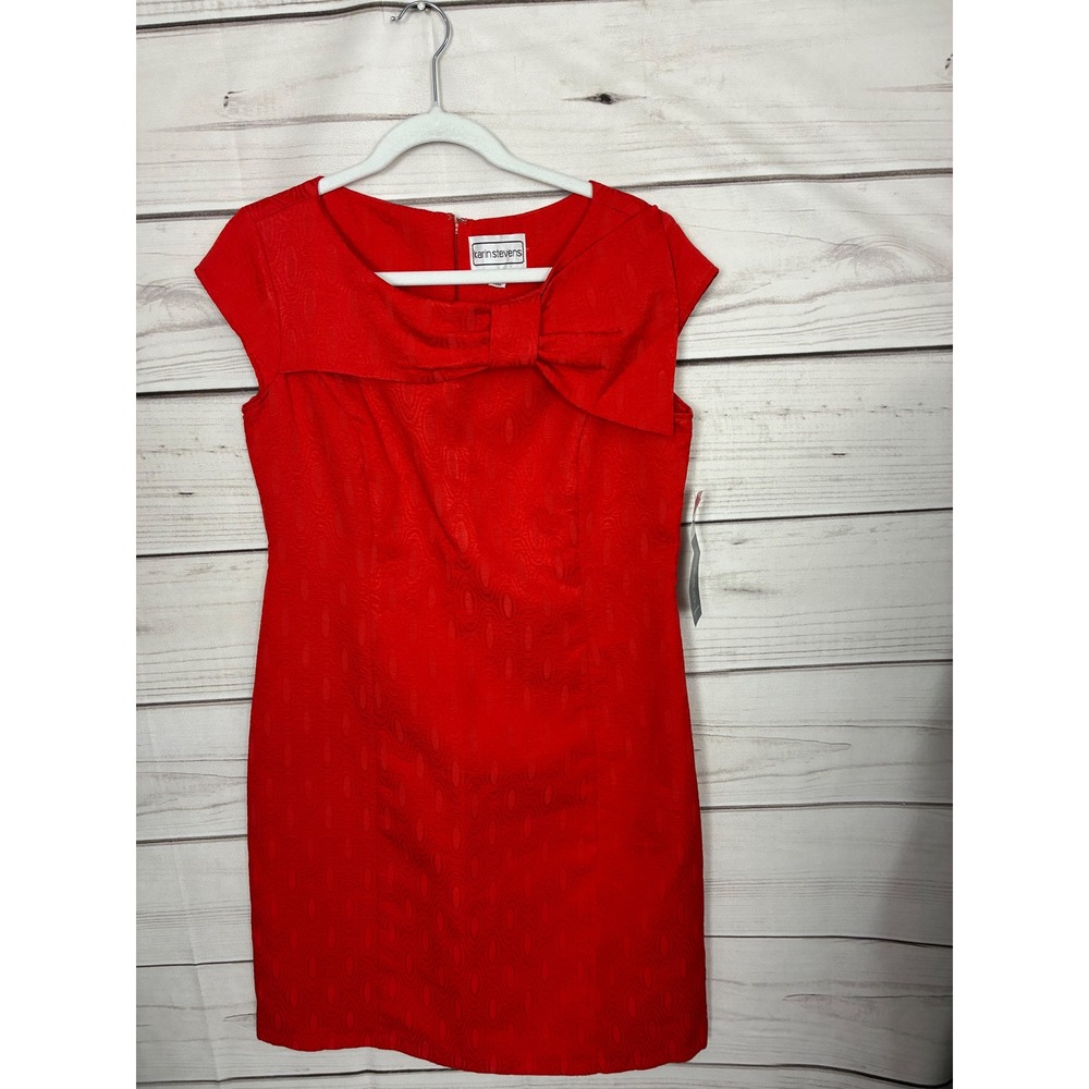 Karin Stevens Red Orange Jacquard Bow Sheath Dress NWT Size 10 15468 Sleeveless